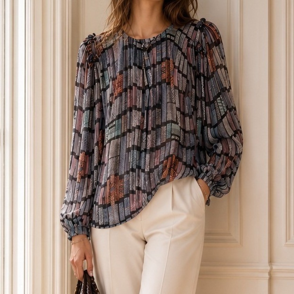 See by Chloe Geometric Print Library Silk Blouse Puff Sleeves Size 6